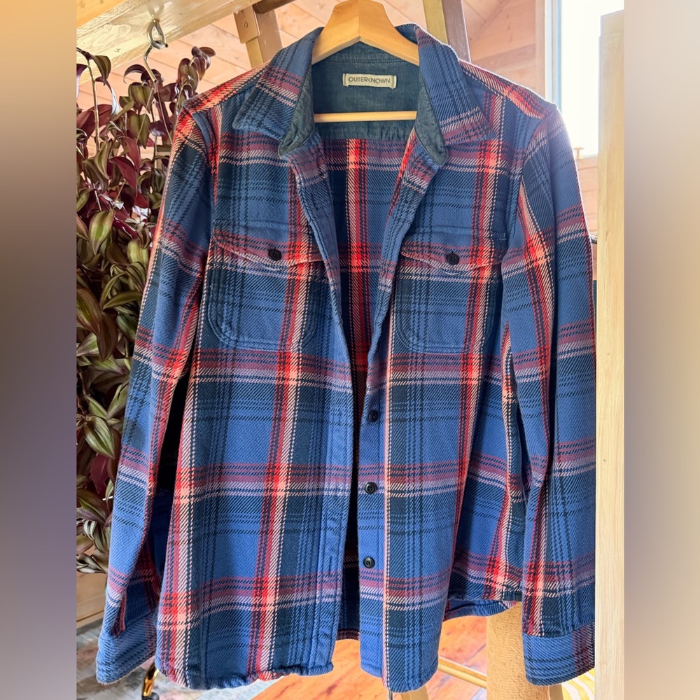 Outerknown Women’s Blanket Shirt Flannel Plaid Button Up Blue Pink M/L